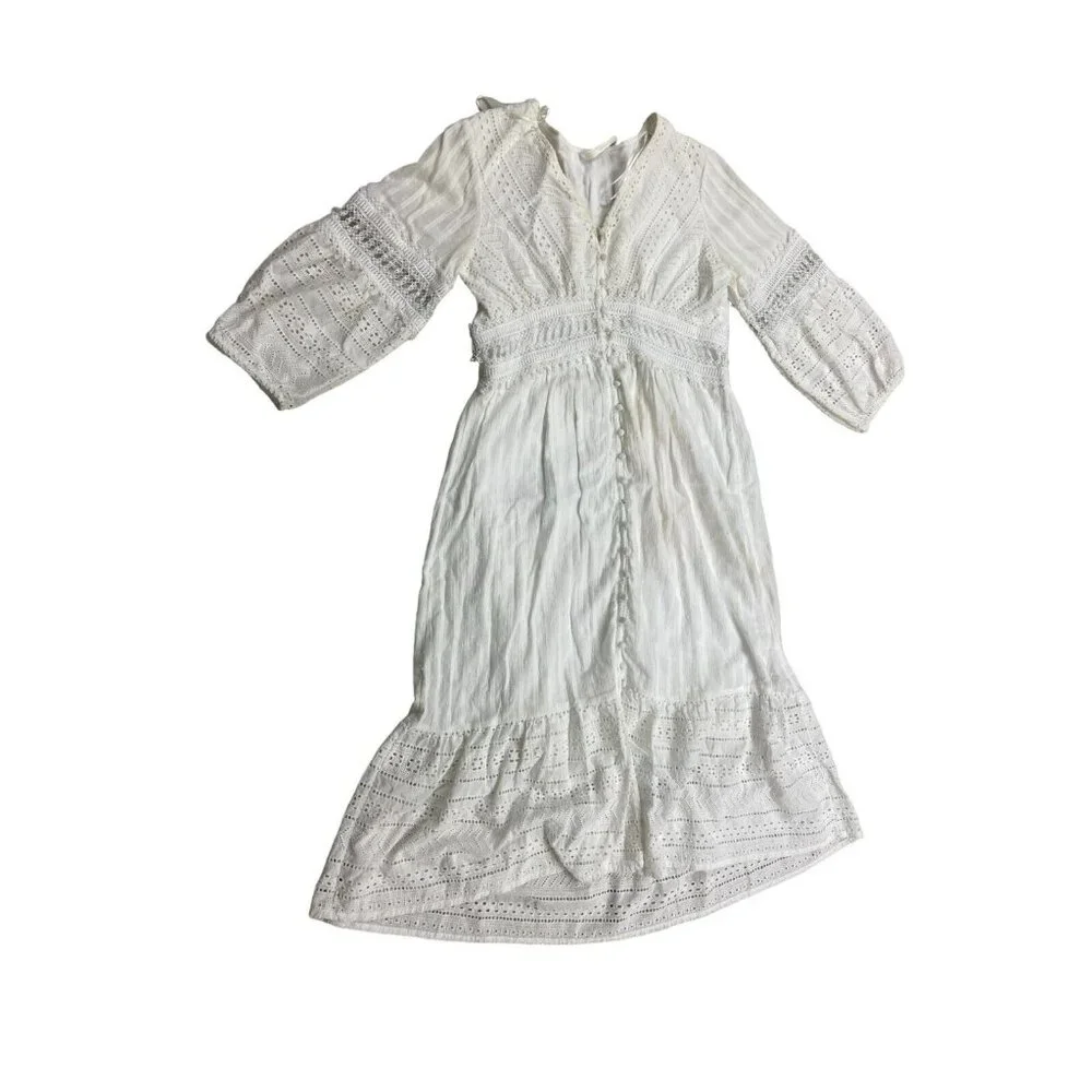 Anthropologie Boho Lace Ebba Midi Dress Size 6 3/4 Sleeve White Eyelet - Picture 1 of 8